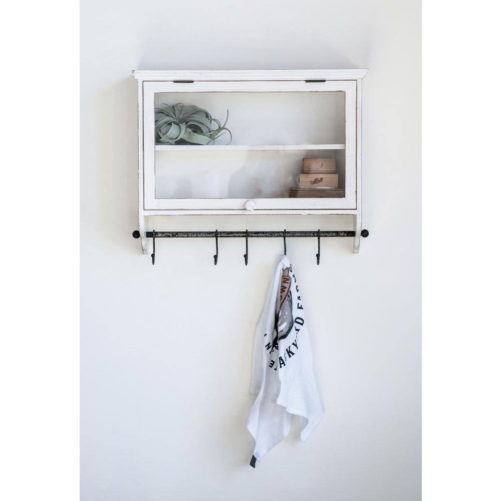 Ivory Wood and Glass Wall Cabinet with Hooks