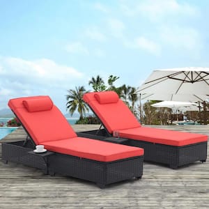 2-Piece Black PE Rattan Wicker Steel Outdoor Chaise Lounge with Red Removable Cushions, Adjustable Backrest