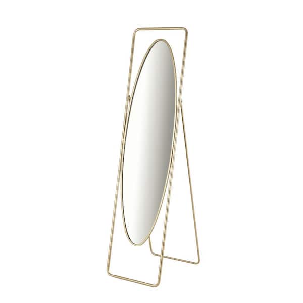 Litton Lane 17 in. W x 66 in. H Gold Metal Shiny Oval Geometric Floor Mirror with Rectangular Frame and Stand