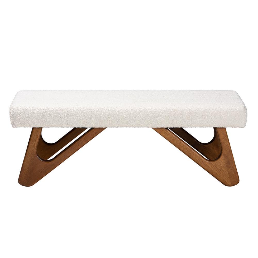 Rika Cream Boucle Fabric and Walnut Wood Bench