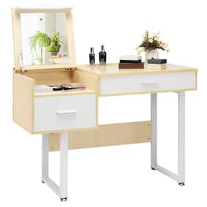 White and Natural Dressing Table with Flip Top Mirror 40 in. x 19 in. x 31 in. (L x W x H)