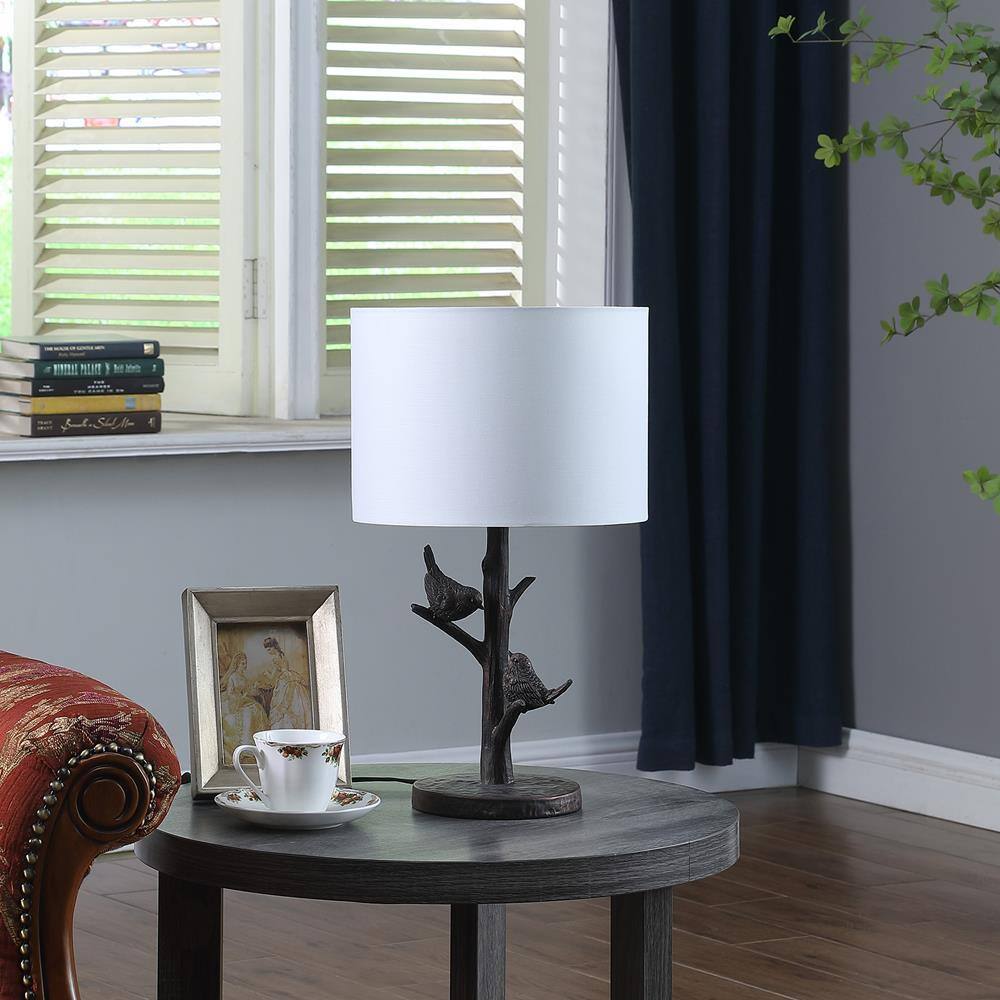 18" Bronze Sparrow Birds on Tree Table Lamp with White Drum Shade