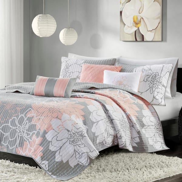 Brianna Grey/Peach Cotton Full/Queen Printed Quilt Set