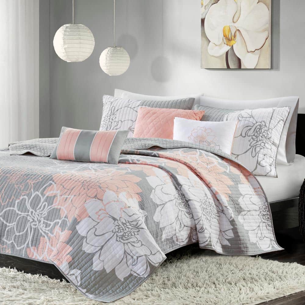 Madison Park Brianna Grey/Peach Cotton King/Cal King Printed Quilt
