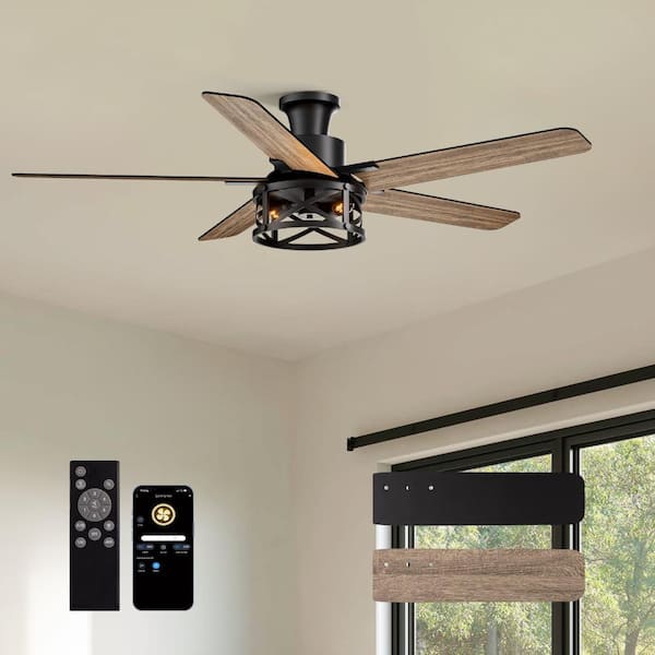 52 in. Black Farmhouse Flush Mount Caged Ceiling Fan with Light & Remote, DC Motor, 6-Speed, Reversible, Indoor/Outdoor