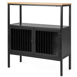 Kitchen Server Black Wood 31.5 in. Buffet Sideboard Storage Cabinet Cupboard with 2 Doors and Open Shelf