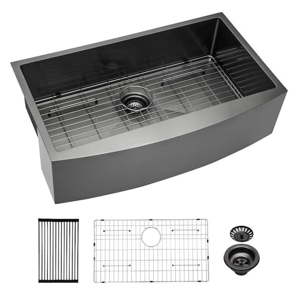 Unbranded 36 in. Farmhouse Apron Front Single Bowl 16-Gauge Black Stainless Steel Kitchen Sink with Accessories