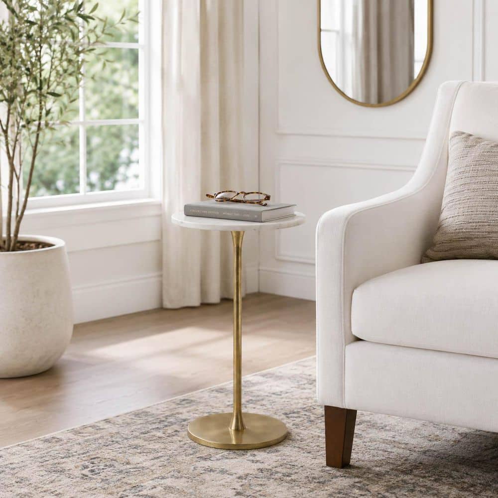 13 in. W x 24 in. H Round Marble Top with Gold Metal Base Drink End Table