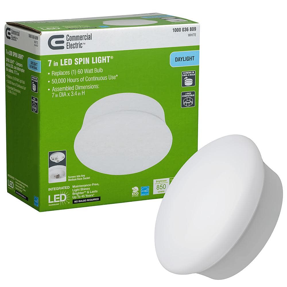 Commercial Electric Spin Light 7 in. LED Flush Mount Ceiling Light 850  Lumens 11.5 Watts 5000K Daylight No Bulbs Needed 54483161 - The Home Depot