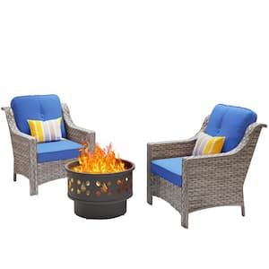 Eureka Gray 3-Piece Wicker Outdoor Patio Conversation Chair Set with a Wood-Burning Fire Pit and Navy Blue Cushions