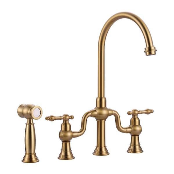 Gold Double Handle High-Arc Widespread Deck Mounted Kitchen Faucet With Side Spray in Brass