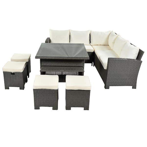 Willit 8-Piece Wicker Patio Conversation Sectional Seating Set with Beige Cushions