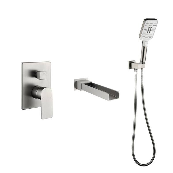 WELLFOR Waterfall Single-Handle Wall-Mount Roman Tub Faucet with Hand Shower in Brushed Nickel