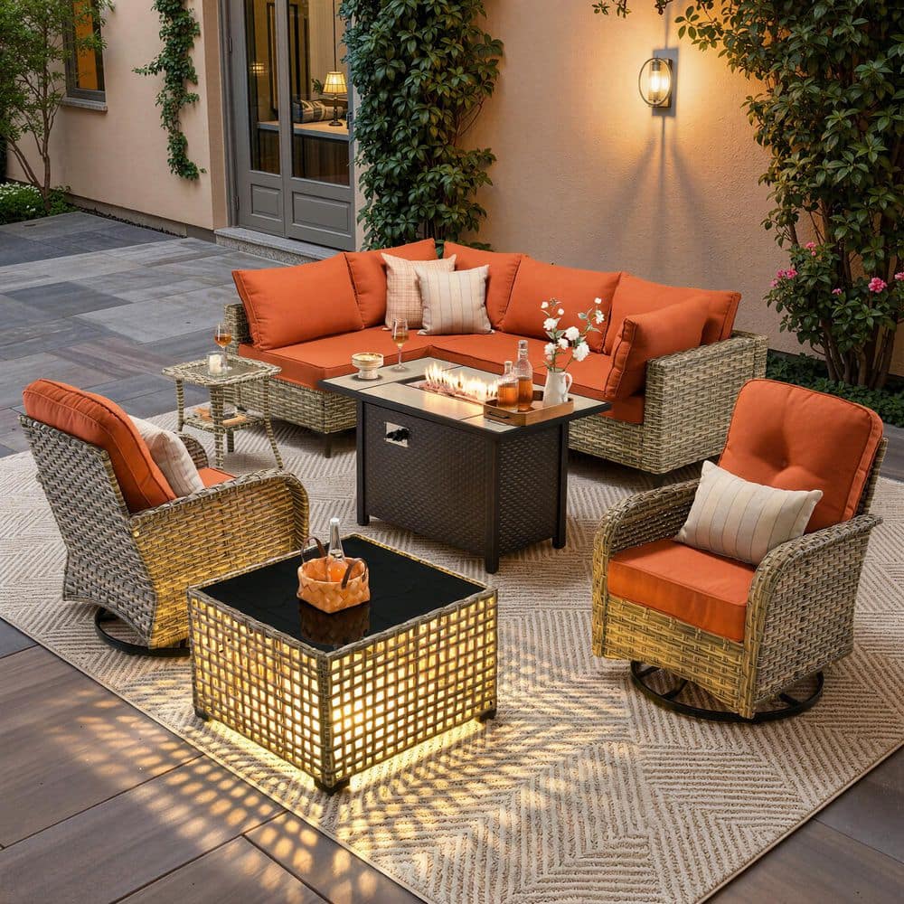 OVIOS Supery Gray 9-Piece Wicker Patio Rectangle Fire Pit
