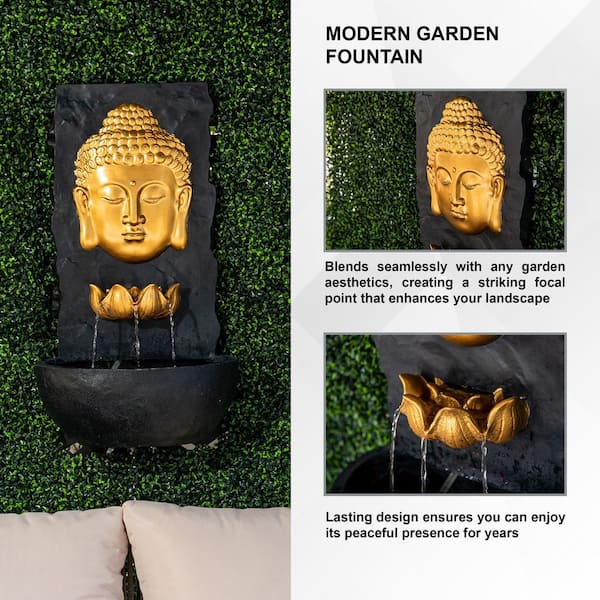 30 in. H Fiberglass Wall Cascade Buddha Zen Outdoor Garden Water Fountain w/ warm LED Light, Gold