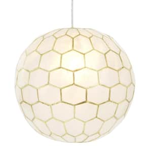 13 in. H Capiz Honeycomb Globe Pendant Light in White & Antique Gold