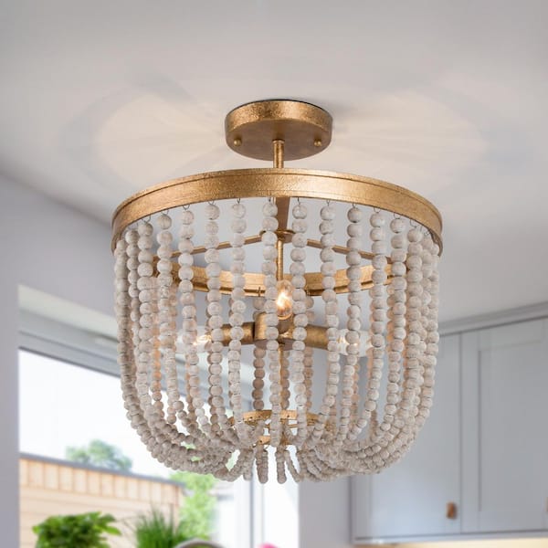Modern Farmhouse Ceiling Light 4-Light Antique Gold Semi-Flush Mount Light with Weathered White Wood Beads