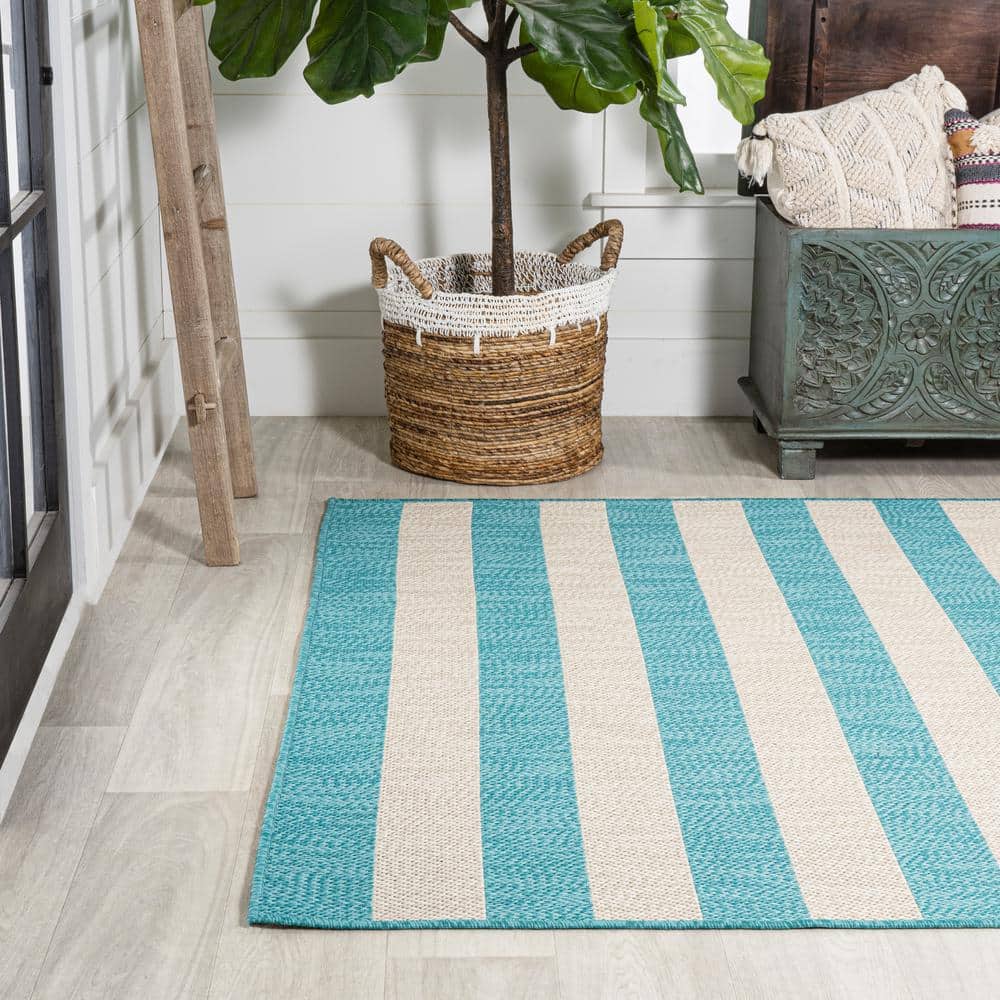 Aqua and Cream Wide Stripe Synthetic Indoor/Outdoor Rug 3x5