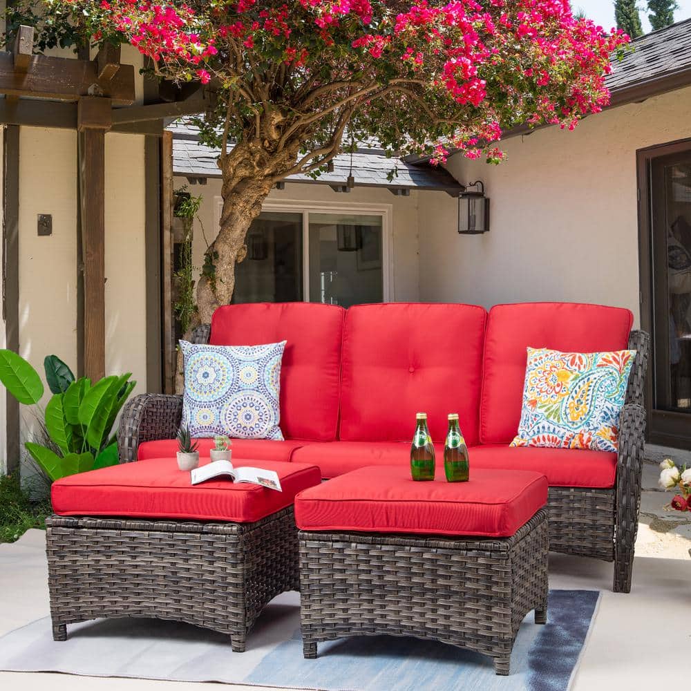 JOYSIDE Wicker Outdoor Patio Sofa Sectional Set with Red Cushions and