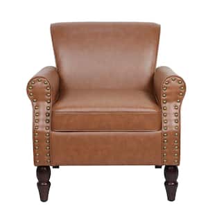 Mid-Century Retro Wooden Legs Brown PU Leather Upholstered Accent Armchair with Nail head Trim (Set of 1)