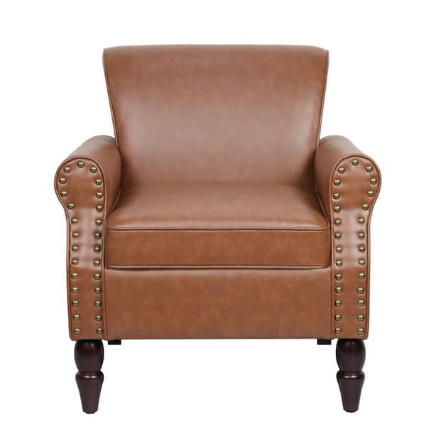 Uixe Mid-Century Retro Wooden Legs Brown PU Leather Upholstered Accent Armchair with Nail head Trim (Set of 1)
