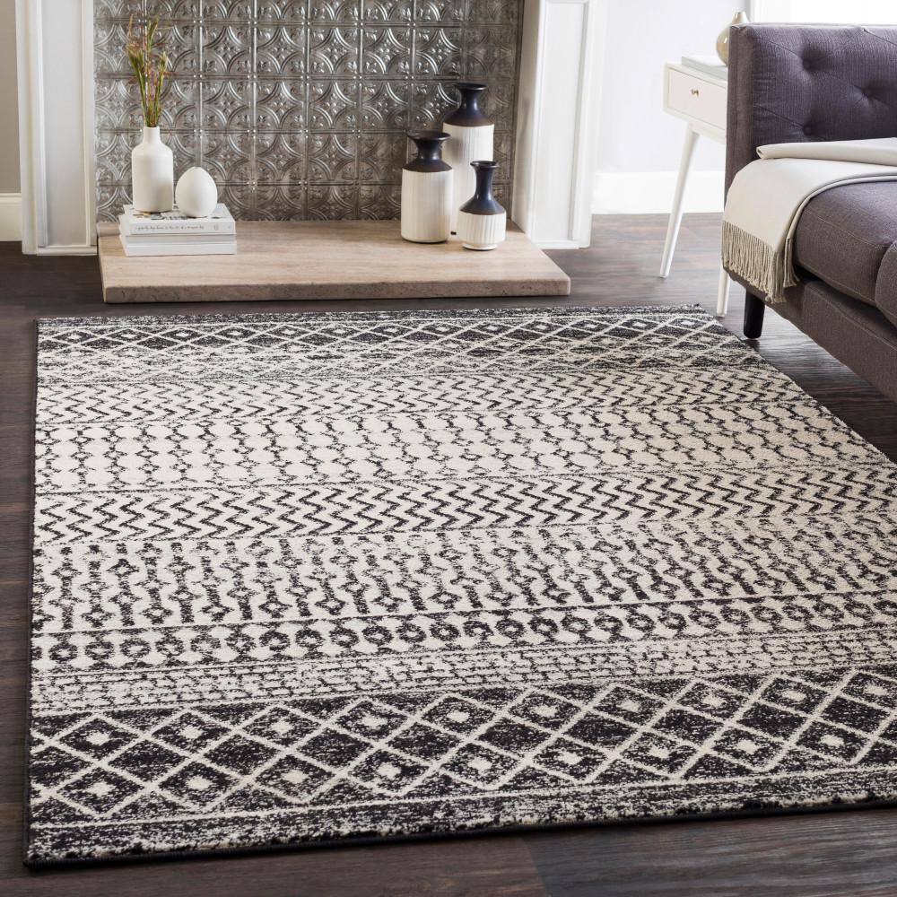 Elaziz Black and White Moroccan Geometric Area Rug, 6'7" x 9'