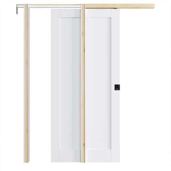 36 in. x 80 in. Paneled Blank White Primed Solid Core Wood Pocket Door with Hardware (Soft Close and Black Lock Incl)