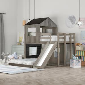 Antique Gray Twin Over Full Bunk Bed, Loft Bed with Playhouse, Roof, Windows, Ladder, Slide and Guardrails