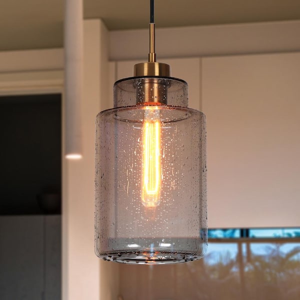 Hogfish Modern 1-light Plating Brass Pendant Light with Cylinder Seeded Glass, Contemporary Kitchen Island Hanging Light