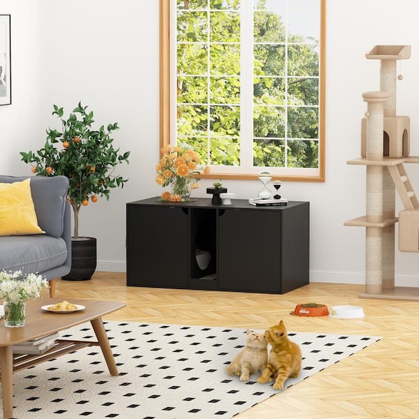 Cat Litter Box Enclosure for 2 Cats, Modern Wood Stackable Large Cat Washroom Cabinet Bench End Table Furniture, Black