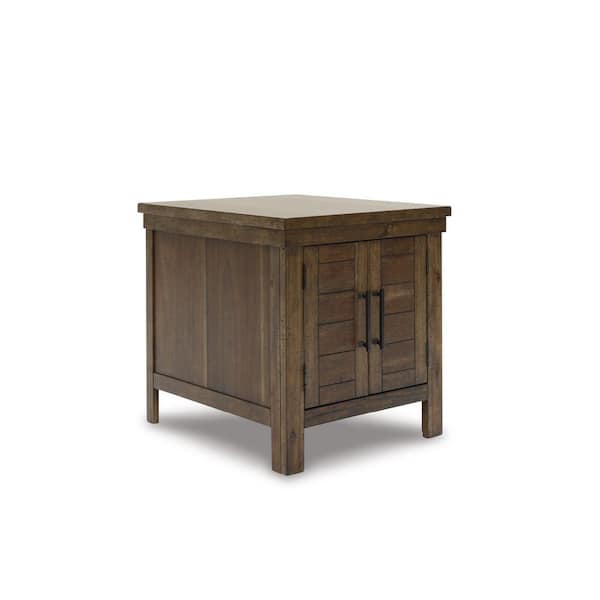 Moriville 24 in. Grayish Brown Rectangle Wood End Table with Cabinet and Shelf