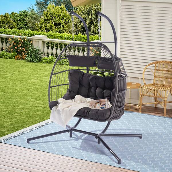 2 Person Black Outdoor Wicker Porch Swing Egg Chair Hanging Chair with Dark Gray Cushion