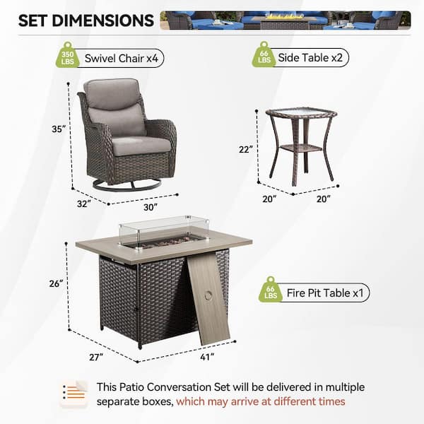 Luxury Brown Wicker Fire Pit Conversation Set with Olefin Gray Cushions and Patio Swivel Chairs/Side Tables