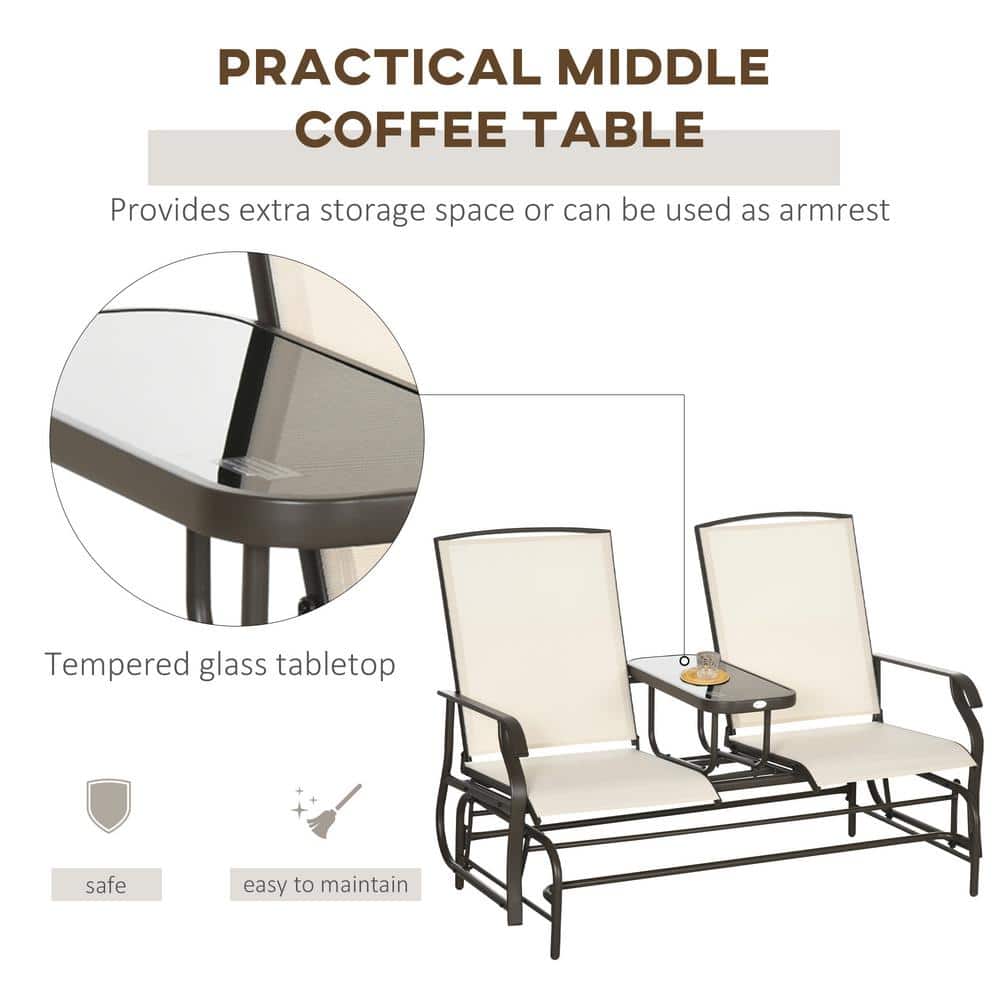 Beige Steel Frame 2-Person Outdoor Glider Bench with Center Table