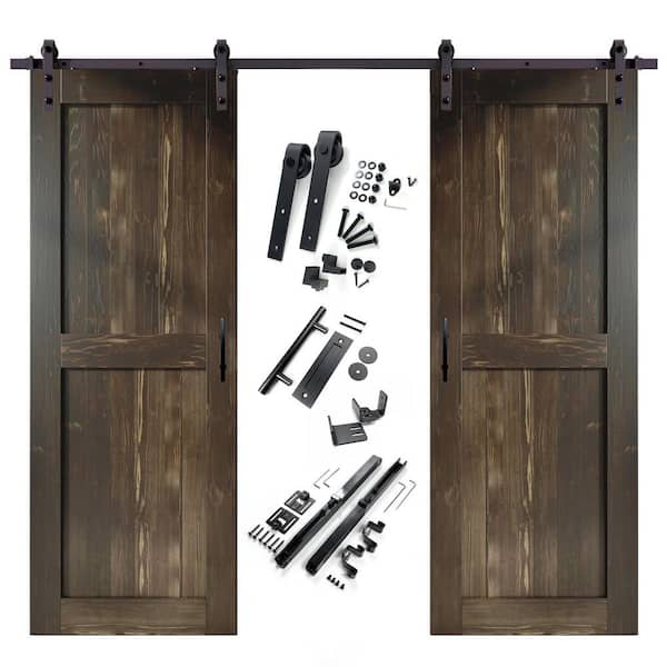 HOMACER 42 in. x 96 in. H-Frame Ebony Double Pine Wood Interior Sliding Barn Door with Hardware Kit, Non-Bypass