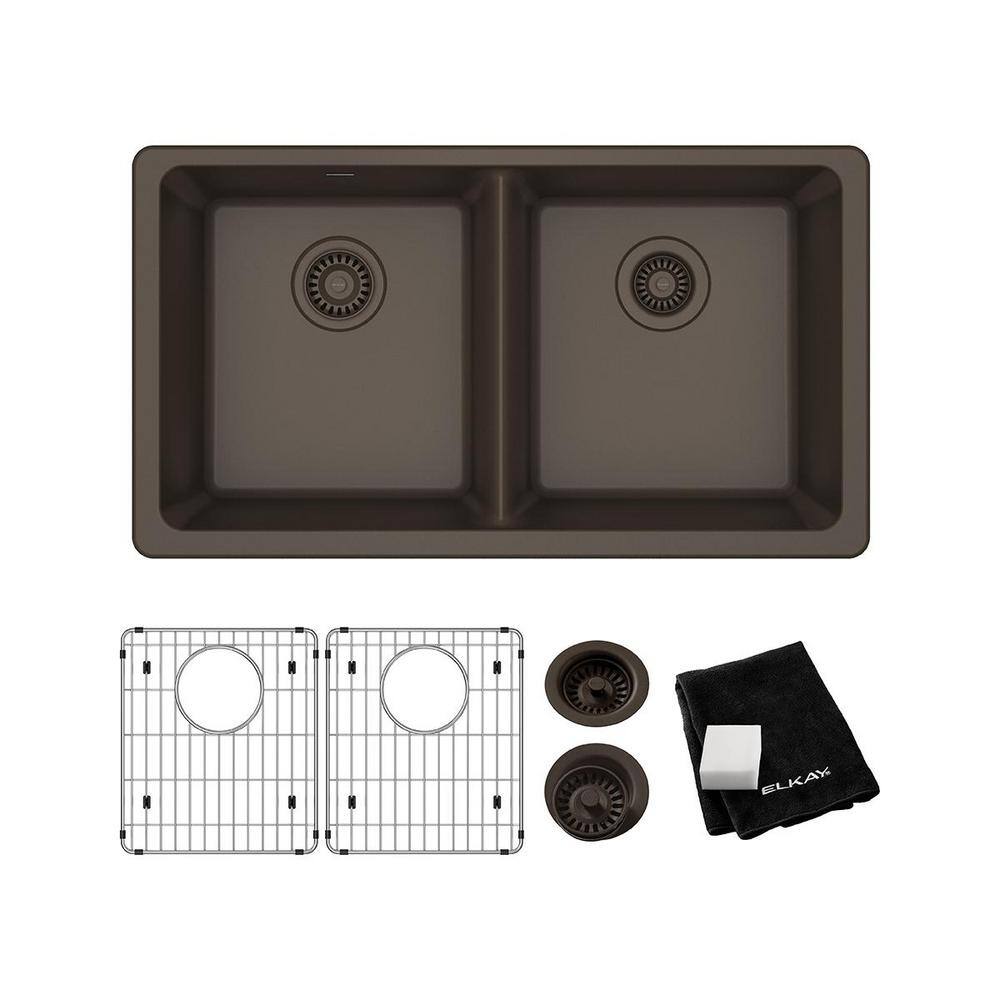 Elkay Quartz Classic Mocha Quartz 33 in. Equal Double Bowl Undermount Kitchen Sink Grid and Drain Only