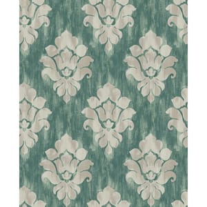 Corsica Damask Metallic Greige and Forest Green Paper Strippable Roll (Covers 56.05 sq. ft.)
