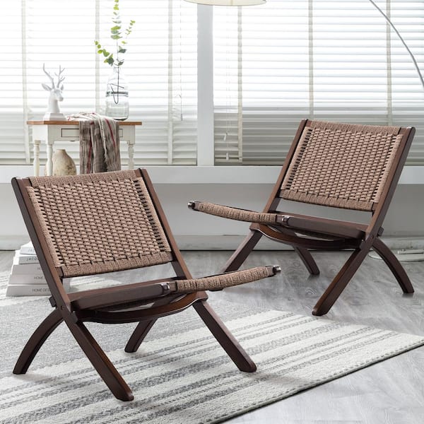 LUE BONA 22.8 in Khaki Wide Mid Century Folding Wood Accent Chair Boho Modern Lounge Chair with Solid Wood Frame Indoor Set of 2 2LB21CH0035 500 The Home Depot