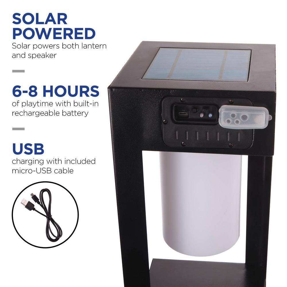 24'' Black Metal Solar LED Outdoor Lantern with Bluetooth Speaker