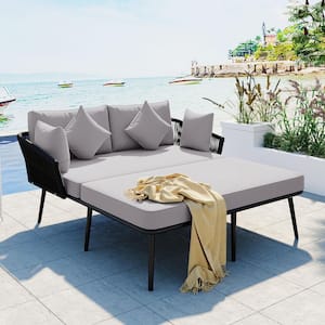 2 Person PE Rattan Wicker Outdoor Patio Chaise Lounge Chair with Woven Nylon Rope Backrest with Washable Gray Cushions