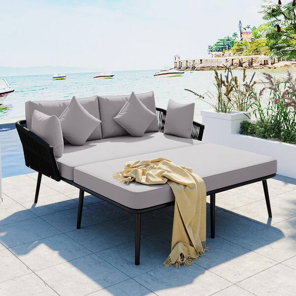 Unbranded 2 Person PE Rattan Wicker Outdoor Patio Chaise Lounge Chair with Woven Nylon Rope Backrest with Washable Gray Cushions