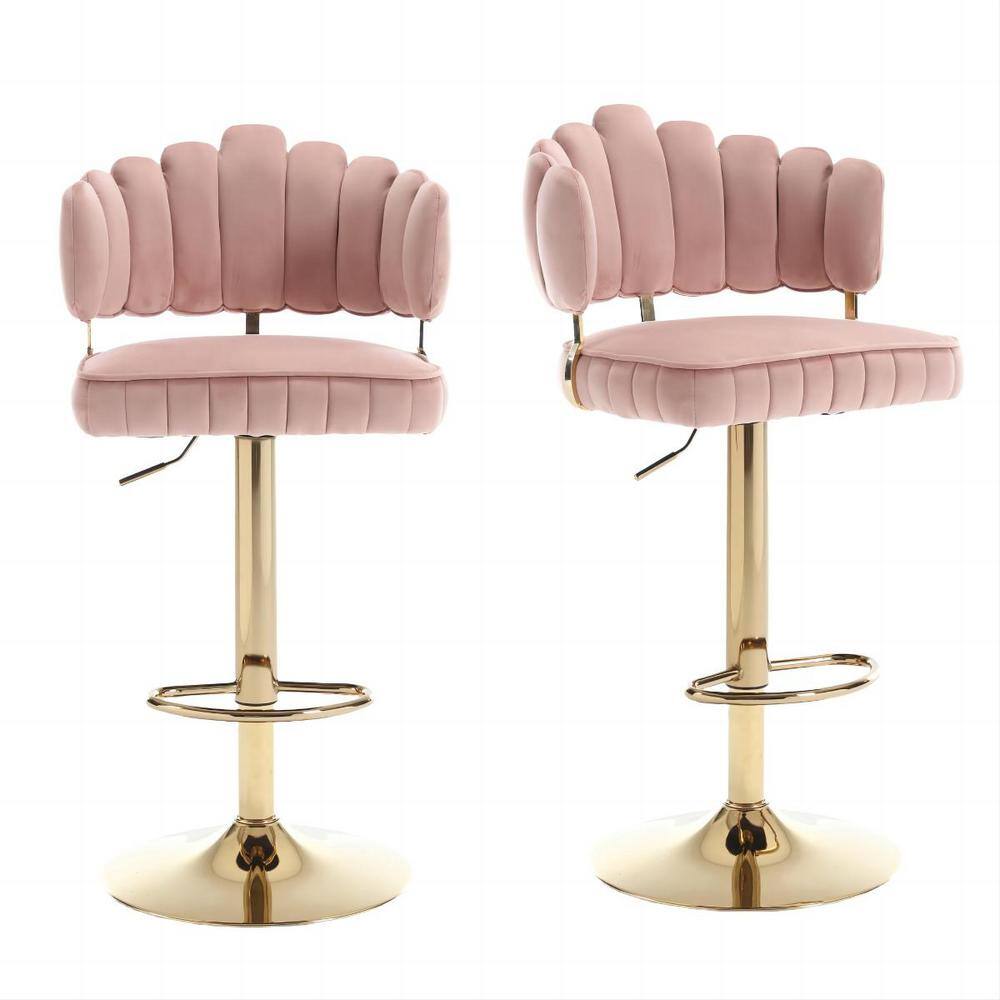 HOMEFUN 33.46 in. Pink Velvet Low Back Metal Adjustable Swivel Bar Stools Set of 2 HFHDSN686PK