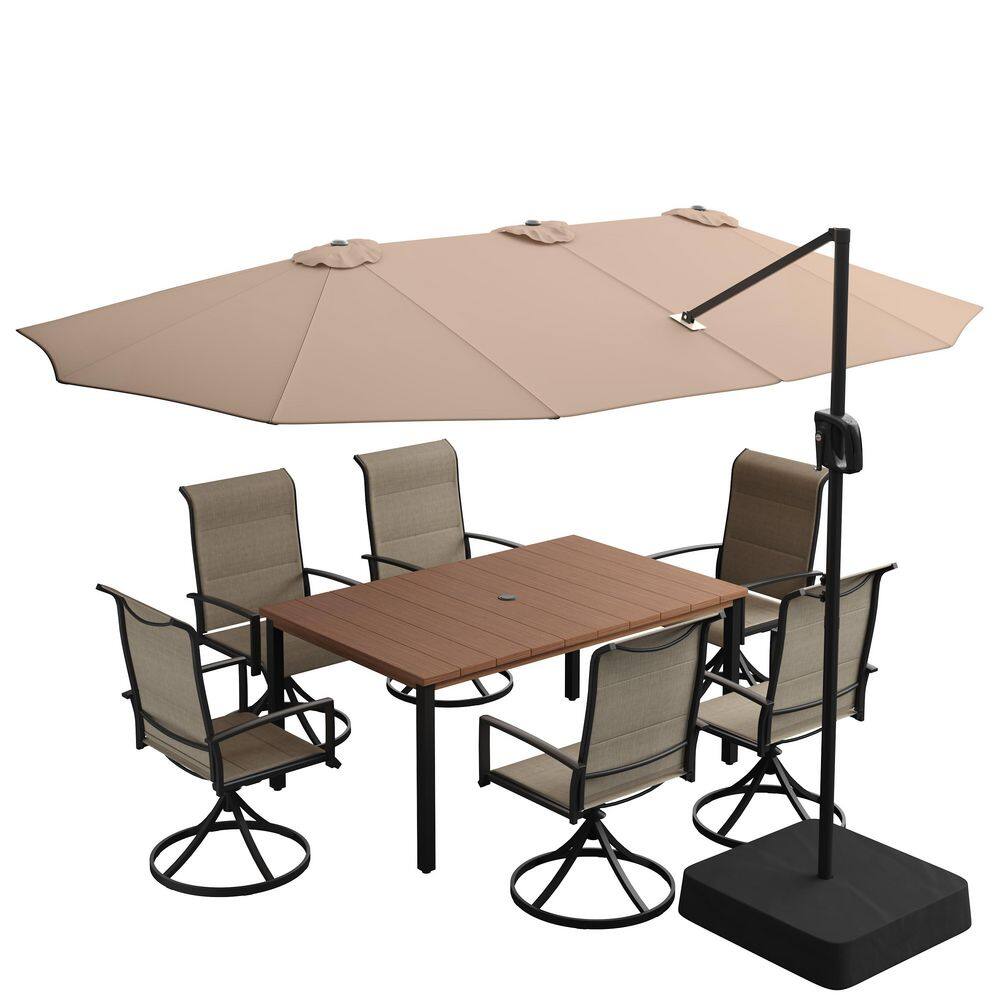 8-Piece Metal Outdoor Dining Set with 63'' Walnut Rectangle Table, 6 Brown Textilene Swivel Chairs and Beige Umbrella price history on PriceWatchPro
