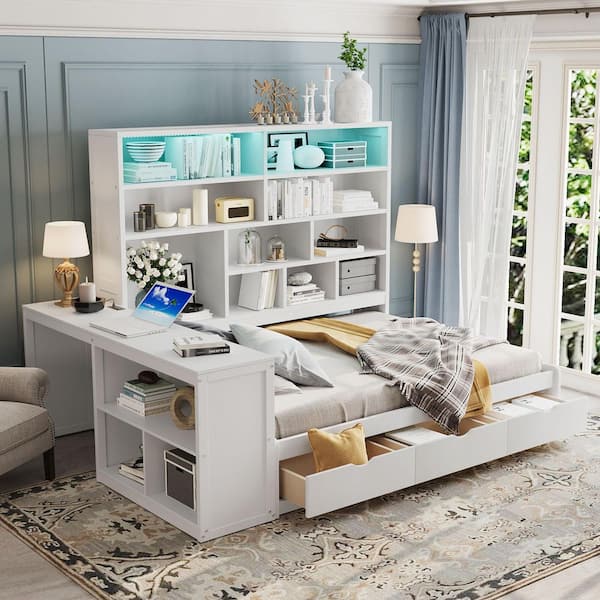 White Full Size Wooden Daybed with Shelves, Desk, Lights and 3 Drawers