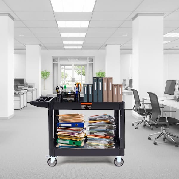 Utility Service Cart 2-Tier 550 lbs. Heavy Duty Plastic Rolling Cart, Swivel Wheels, Brakes, Polypropylene, Utility Cart