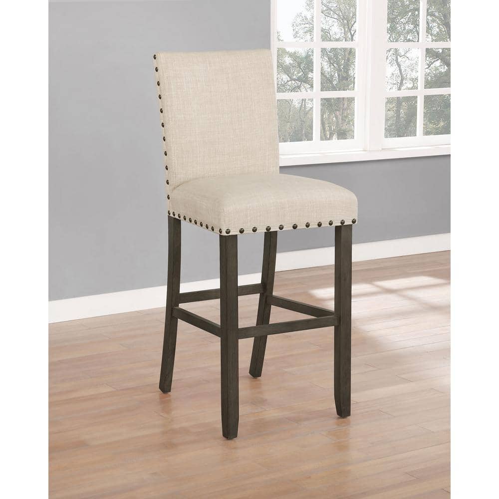 Beige Upholstered Bar Stools with Nailhead Trim, Set of 2