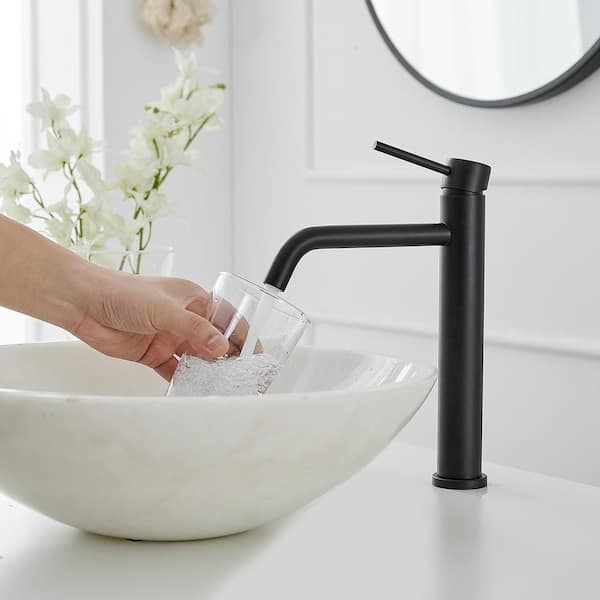 Single Hole Single Handle Bathroom Vessel Sink Faucet With Pop Up Drain Without Overflow in Matte Black