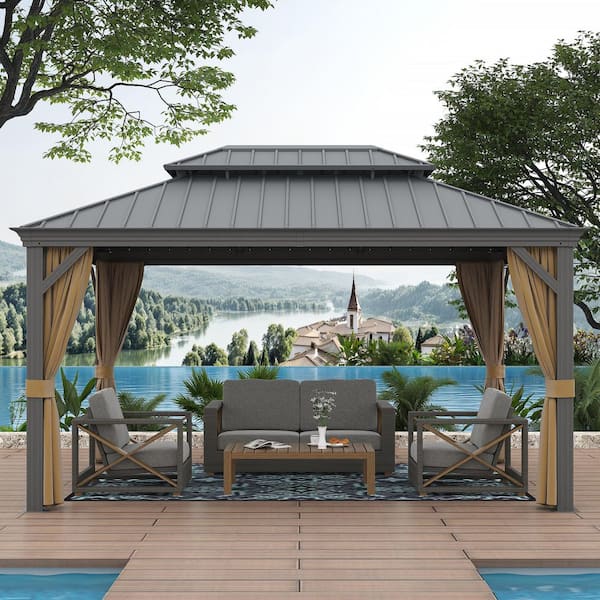 10 ft. x 14 ft. Double Galvanized Steel Roof Aluminum Frame Outdoor Patio Hardtop Gazebo with Netting and Curtains