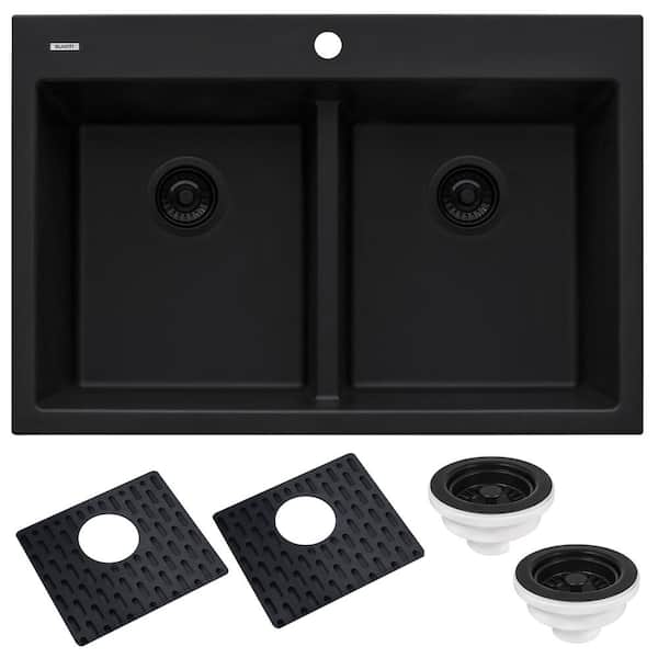 epiGranite 33 in. Drop-in Topmount Double Bowl Kitchen Sink in Midnight Black Granite Composite with low divide