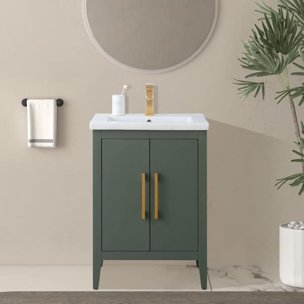 24 in. W x 18.5 in D x 34 in. H Single Sink Bathroom Vanity Cabinet in Vintage Green with Ceramic Top